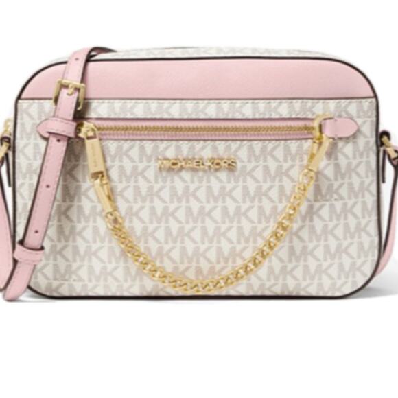 MICHAEL Kors Pink /White Jet Set Large Logo Crossbody Bag NWT - Picture 2 of 7